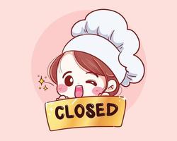 The female chef holds a close sign at the front of the shop Hand drawn vector illustration.