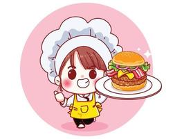 lindo chef sostiene gran hamburguesa sonriendo ilustración de dibujos animados vector