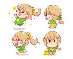 Girl character with various emotions cartoon set illustration vector