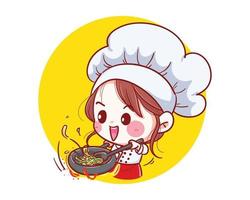 Chef niña sonriendo feliz y cocinando con amor en su cocina vector