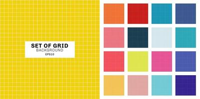 Set of white line grid striped geometric seamless pattern on multicolor background. vector