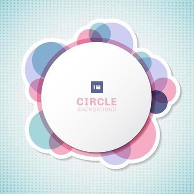 Banner white circle round label with pastel circles elements overlapping on blue background.