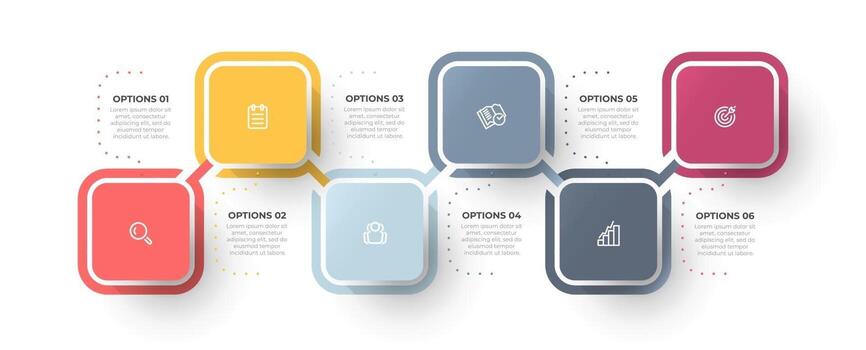 Business infographic template with 6 options or steps. Timeline processes design with marketing icons. vector