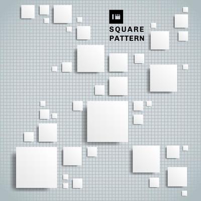 Abstract 3D realistic geometric shape white paper square pattern with shadow on grid background and texture.