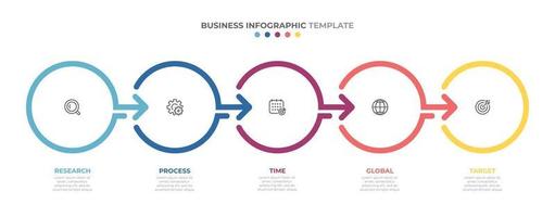 Timeline infographics template design with arrows and circles. Business concept with 5 options, steps, parts. vector