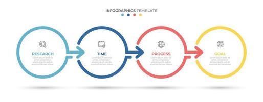 Diseño de plantillas de infografías de línea de tiempo con flechas y círculos. concepto de negocio con 4 opciones, pasos, piezas. vector