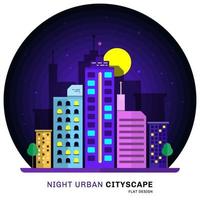 diseño plano del paisaje urbano urbano de noche con arquitectura, rascacielos, torre, edificios. vector