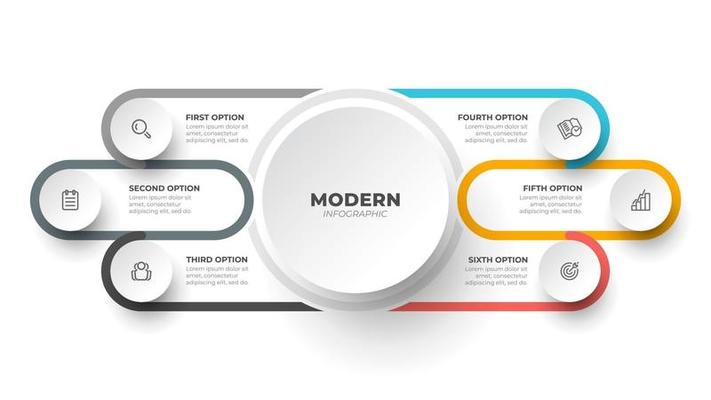 Modern infographic label design template. Business concept with 6 options, steps and marketing icons. Vector illustration.