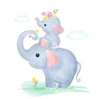 Cute mommy and baby elephant in watercolor style vector