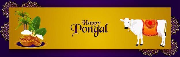 Happy pongal banner with creative mud pot and sugarcane