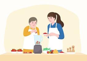 Happy senior mother and middle aged daughter adding fruits in blender. vector