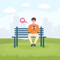 Young man sitting in the park on the bench and chatting on smartphone. vector