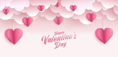 Diseño de tarjeta de felicitación de feliz día de San Valentín. banner de vacaciones con formas de corazón de estilo de arte de papel. arte en papel e ilustración de estilo artesanal digital vector