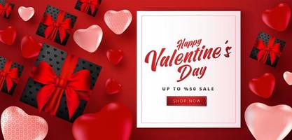 Cartel de venta de San Valentín o pancarta con muchos corazones dulces y cajas de regalo de color negro sobre fondo de color rojo. plantilla de promoción y compra o por amor y san valentín. vector