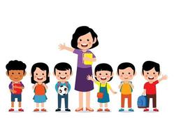 Happy teacher with cute kids smiling together vector