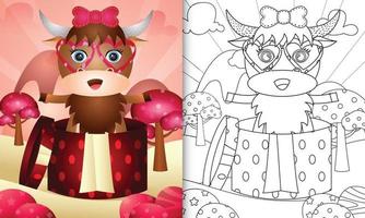 coloring book for kids with a cute buffalo in the gift box for valentine's day vector