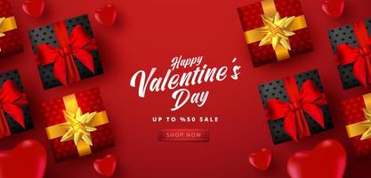 Valentine's day sale poster or banner with many sweet hearts and gift boxes on red color background. Promotion and shopping template or for love and valentine's day. vector