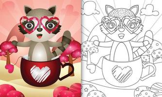 libro para colorear para niños con un lindo mapache en la taza para el día de san valentín vector