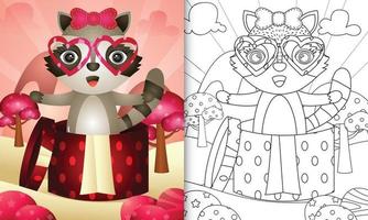 libro para colorear para niños con un lindo mapache en la caja de regalo para el día de san valentín vector
