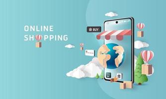 Paper art shopping online on smartphone and sale promotion backgroud banner vector