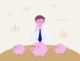 Man chooses to keep money in the piggy bank. Business concept, vector illustration flat style