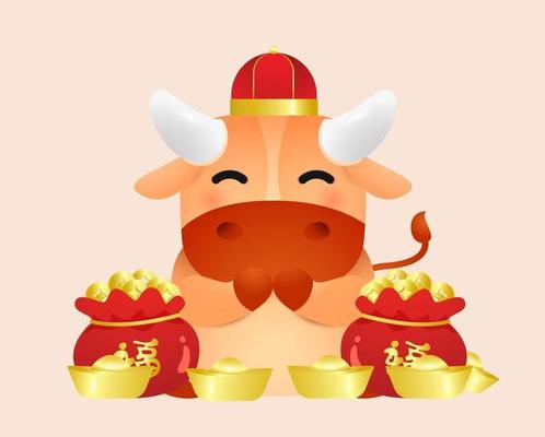 Year of the Ox. Chinese New Year. Little Ox with chinese gold