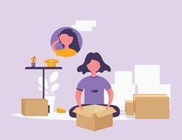 Online sellers are packing items for wholesale. There are many boxes next to them. Work from home character vector illustration flat style