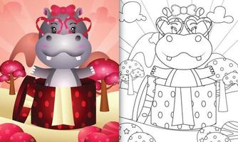 coloring book for kids with a cute hippo in the gift box for valentine's day vector