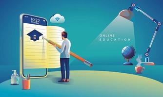 Online Education Application learning worldwide on phone, mobile website background. social distance concept. The classroom training course, library Vector Illustration Flat Design