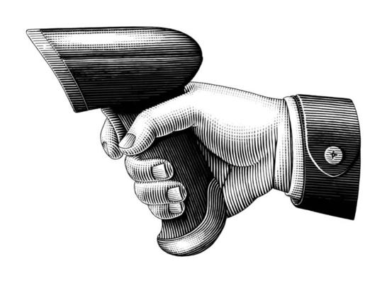 Hand holding barcode scanner drawing vintage style black and white art isolated on white background