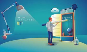 Online Education Application learning worldwide on phone, mobile website background. social distance concept. The classroom training course, library Vector Illustration Flat Design