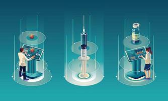 El equipo médico y el científico han descubierto la vacuna covid-19, una prueba de laboratorio, una jeringa, un vial de vacuna, trabajando en la prueba. desarrollo de vacunas listo para la ilustración de tratamiento, diseño plano vectorial vector