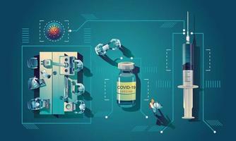 El equipo médico y el científico han descubierto la vacuna covid-19, una prueba de laboratorio, una jeringa, un vial de vacuna, trabajando en la prueba. desarrollo de vacunas listo para la ilustración de tratamiento, diseño plano vectorial vector