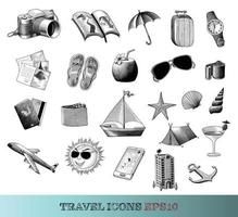 Travel icons set hand drawing vintage style black and white art isolated on white background