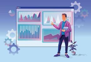 Concept of Business analytics, search engine optimization. The team of merchants analyzes sales, visitors, increases efficiency. A businessman with a laptop. Marketing analytics, vector illustration