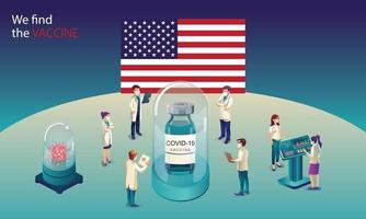 American scientist team has discovered the COVID-19 vaccine, laboratory test, syringe, a vaccine vial, working on the test. vaccine development Ready for treatment illustration, vector flat design