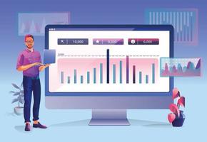 Concept of Business analytics, search engine optimization. The team of merchants analyzes sales, visitors, increases efficiency. A businessman with a laptop. Marketing analytics, vector illustration