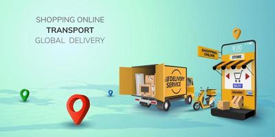 Digital Online Shop Global logistic Truck Van Scooter Delivery on mobile phone website background concept vector