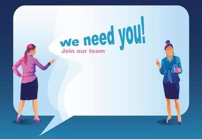 We are Hiring Concept with Huge Loudspeaker and Business People. Recruitment Agency Interview with Candidates. Human Resources with Megaphone. Join together in team work dream team Vector illustration