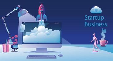 Business Startup launching product with rocket concept. Template and Backgrounds Vector illustration, business project startup process idea through planning and strategy, time management