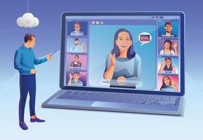 People use Video conference. People on window screen talking with colleagues. Videoconferencing and online meeting workspace page, man and woman learning. Vector illustration, Flat