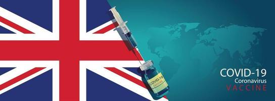 Vaccine development ready for treatment illustration with UK flag, vector flat design