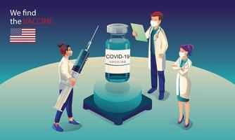 American scientist team has discovered the COVID-19 vaccine, laboratory test, syringe, a vaccine vial, working on the test. vaccine development Ready for treatment illustration, vector flat design