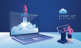 Business Startup launching product with rocket concept. Template and Backgrounds Vector illustration, business project startup process idea through planning and strategy, time management