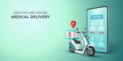 Digital Online healthcare transport Doctor Delivery on Scooter with mobile phone website background concept for emergency health medical vector