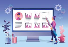 una mujer de negocios con un lápiz pone imágenes en la pantalla de la computadora concepto de imagen de perfil de perfil comercial, optimización de motores de búsqueda, visitantes, aumento de la eficiencia. ilustración vectorial vector