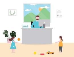 Dad working from home with children playing, work at home, coronavirus covid-19 concept, vector illustration flat style