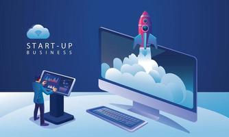 Business Startup launching product with rocket concept. Template and Backgrounds Vector illustration, business project startup process idea through planning and strategy, time management