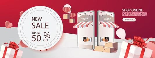 Paper art shopping online on smartphone sale promotion backgroud banner for market ecommerce.