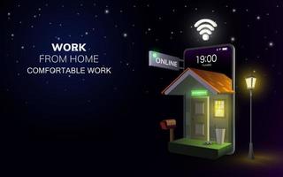 Digital Online Work from home Application on phone mobile or laptop in night background. social distance concept